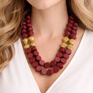 Plunder Double Strand Burgundy Statement Necklace Gold Beads Boho Chunky New